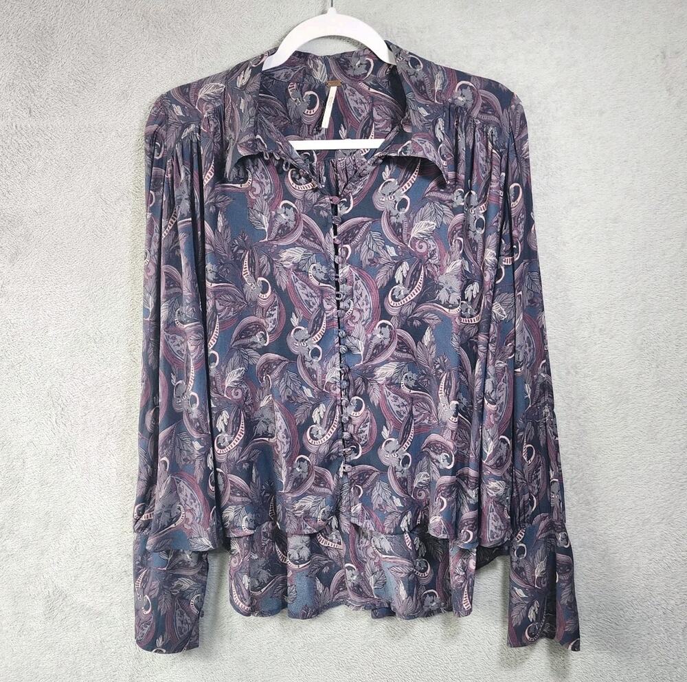 Free People Modern Muse Paisley Top Blouse Purple Button Front Womens Sz Smalll